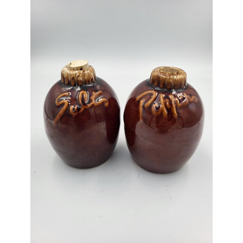 Vintage Hull Pottery Salt & Pepper Shakers Brown Drip Glaze 4" Oven Proof USA